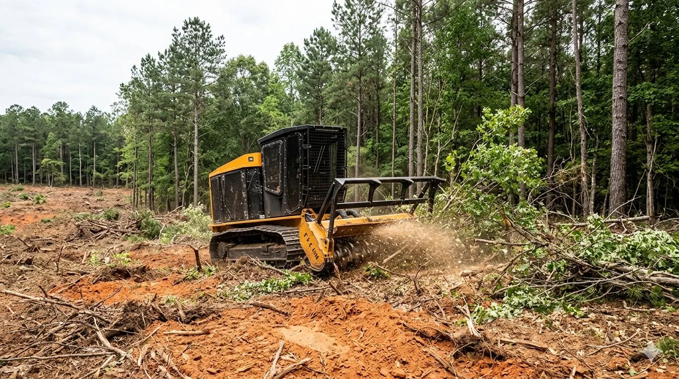 Tracked forestry mulcher grinding brush on red clay soil with pine trees in the background